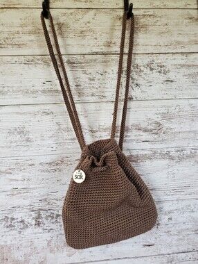 The Sak Backpack Vintage Brown Crochet Drawstring Mini  Y2K Boho Bucket Bag